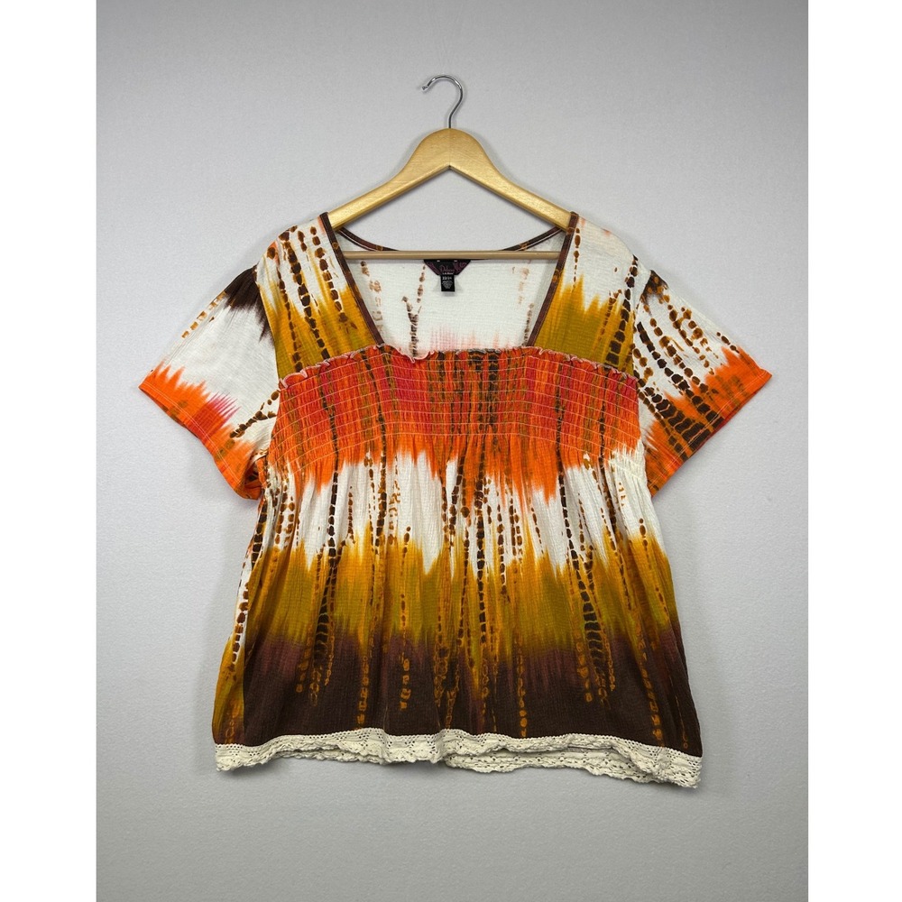 Boho Deluxe L.A. Blues Women 22/24 Orange Tie Dye Smocked Lace Trim Peasant Top